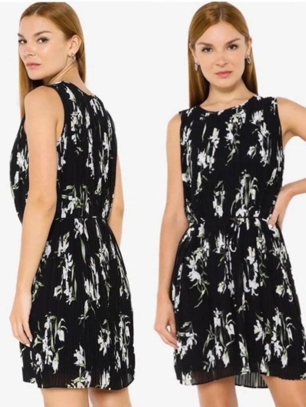 Banana Republic Black Floral Pleated Sleeveless Mini Swing Dress -  Size XS